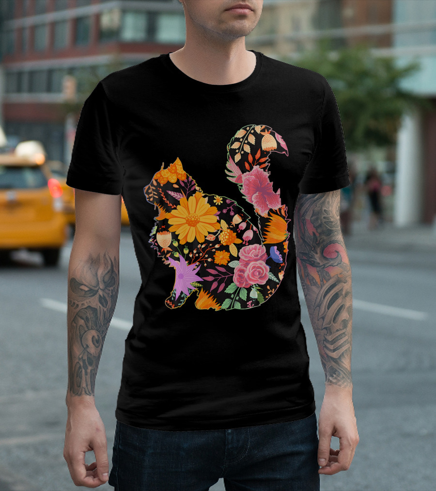 Floral Flower Vintage Retro Cat Silhouette with Colorful Blooms T-Shirt
