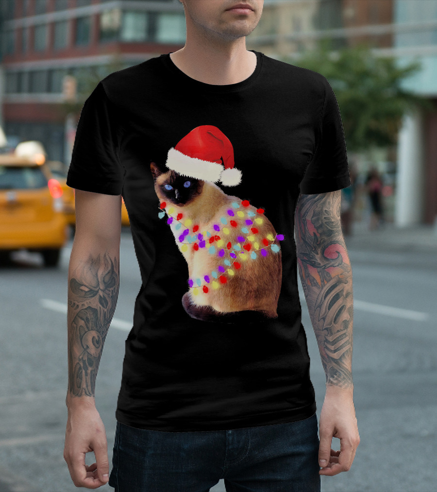 Siamese Cat Wrapped In Christmas Lights Wearing Santa Hat T-Shirt