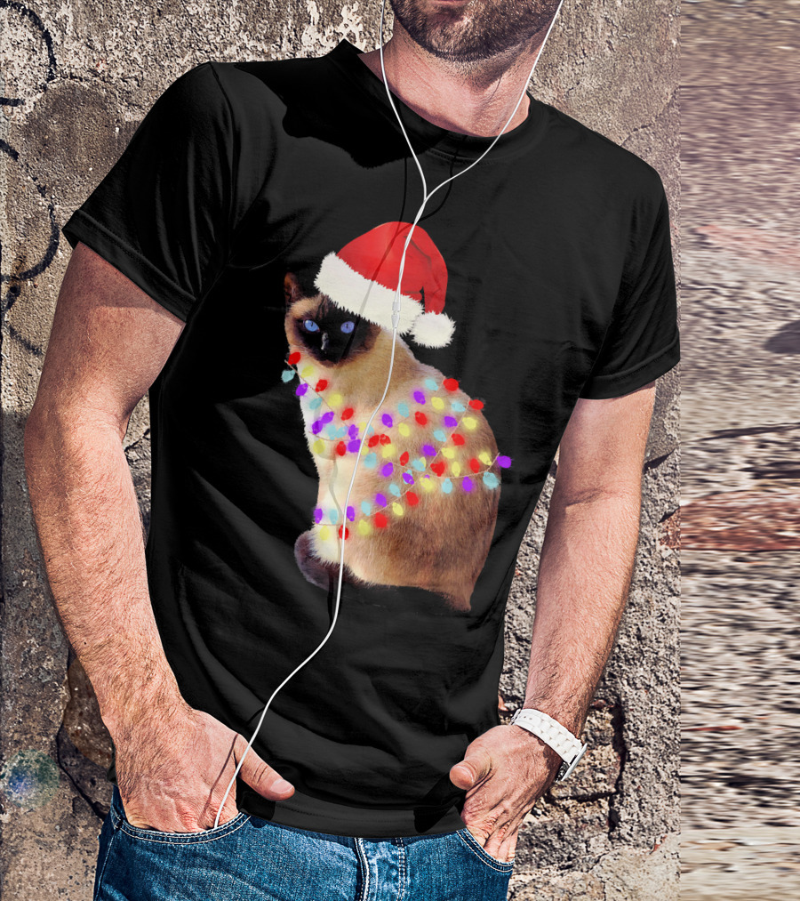 Siamese Cat Wrapped In Christmas Lights Wearing Santa Hat T-Shirt