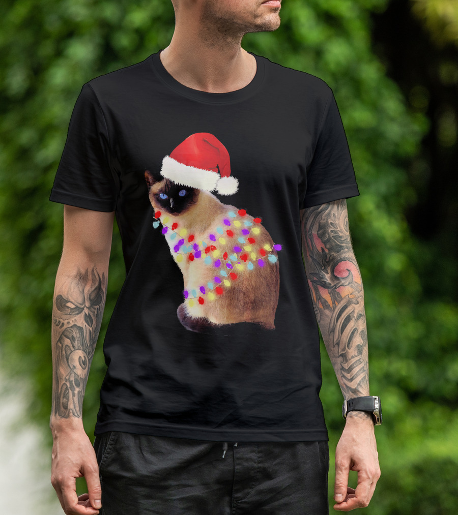 Siamese Cat Wrapped In Christmas Lights Wearing Santa Hat T-Shirt