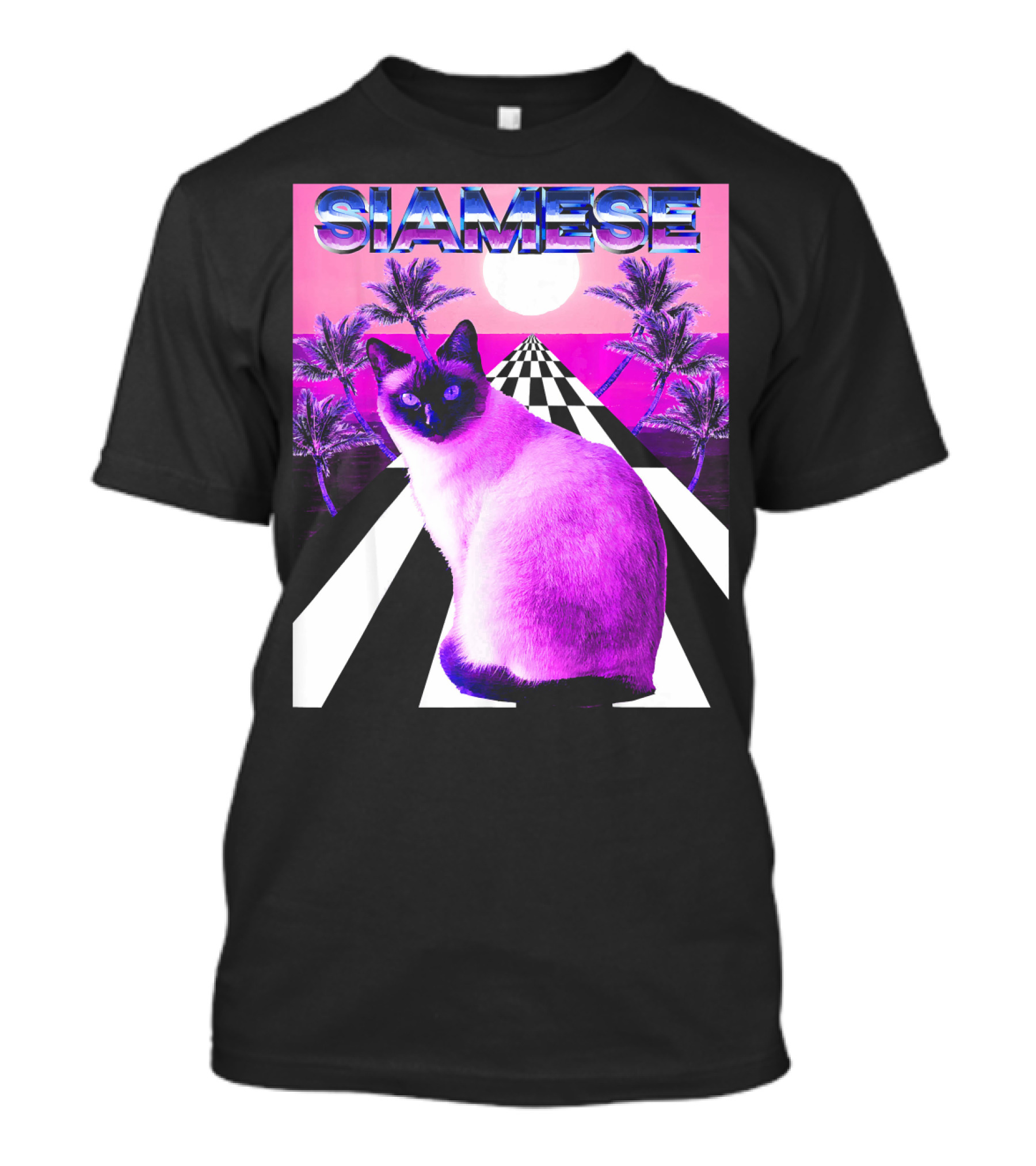 Siamese Cat Vaporwave Retro Aesthetic Sunset Palms Checkerboard T-Shirt
