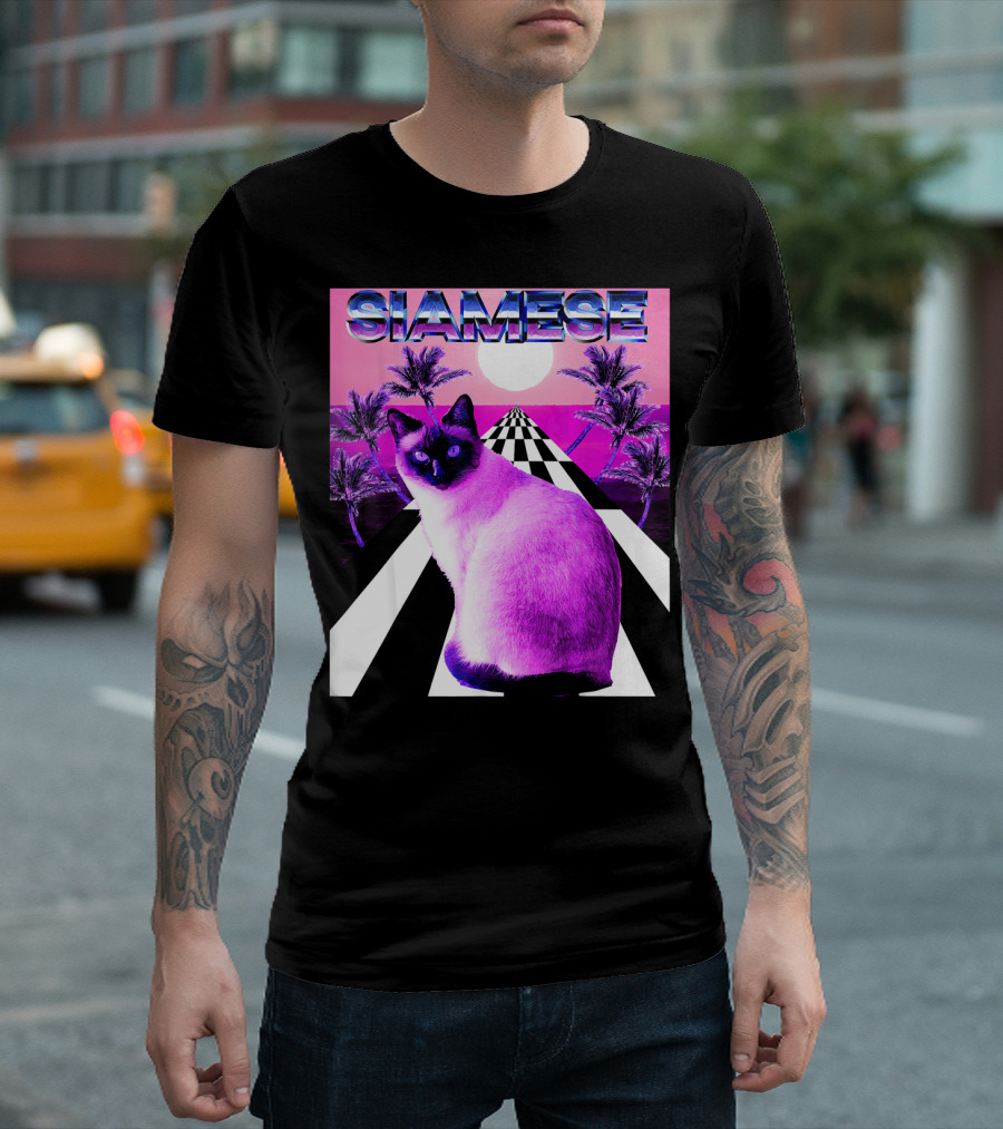 Siamese Cat Vaporwave Retro Aesthetic Sunset Palms Checkerboard T-Shirt