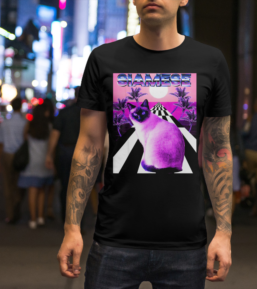Siamese Cat Vaporwave Retro Aesthetic Sunset Palms Checkerboard T-Shirt