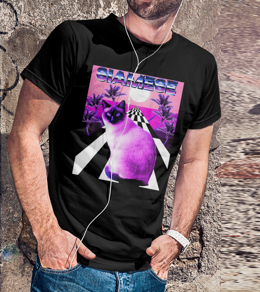 Siamese Cat Vaporwave Retro Aesthetic Sunset Palms Checkerboard T-Shirt