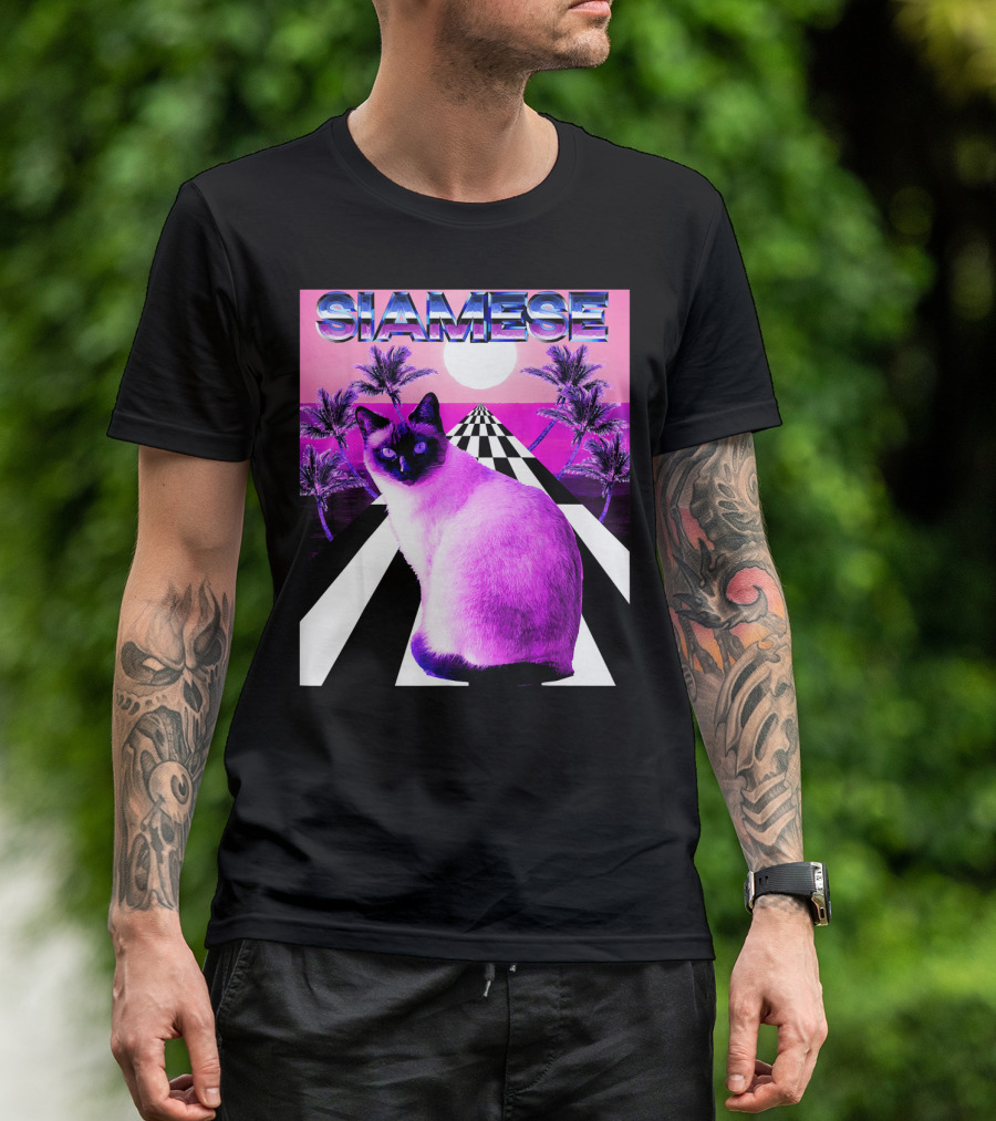 Siamese Cat Vaporwave Retro Aesthetic Sunset Palms Checkerboard T-Shirt