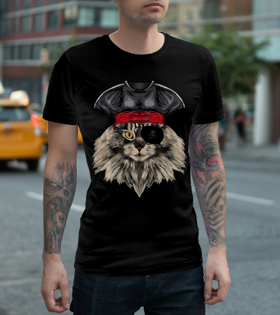 Maine Coon Cat Pirate Costume with Eyepatch and Hat T-Shirt