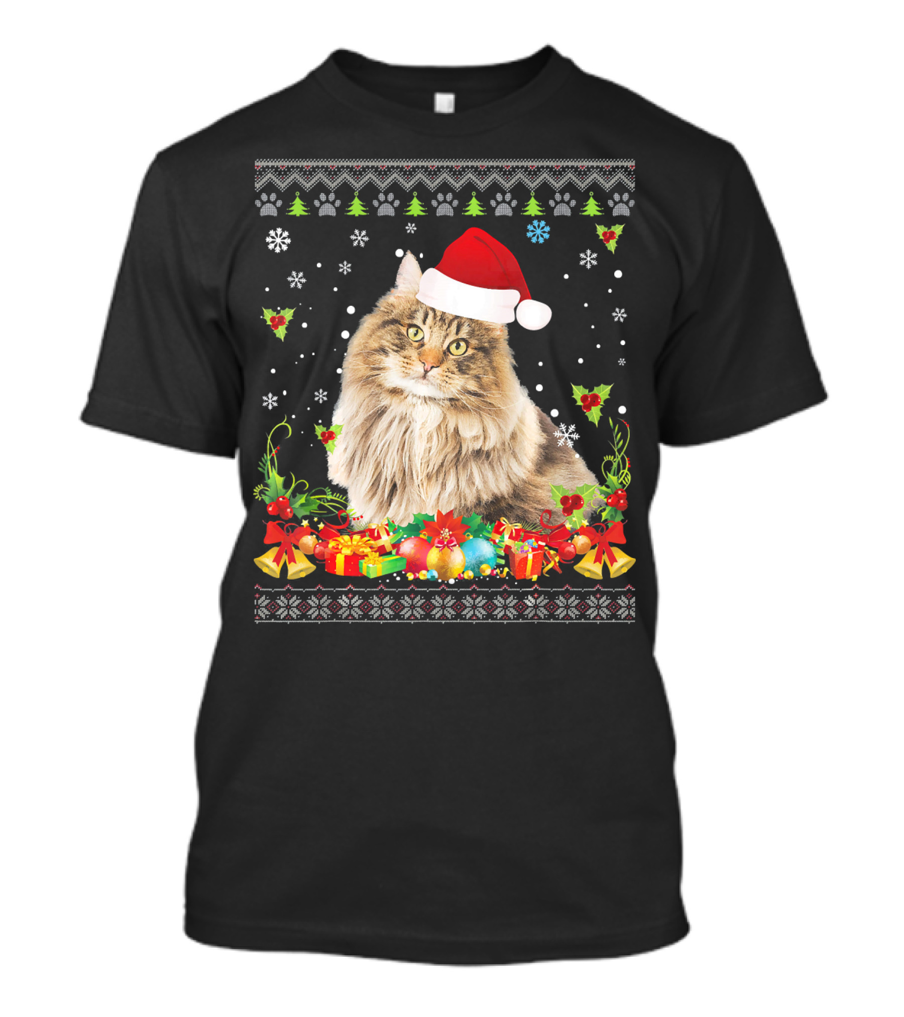 Merry Christmas Norwegian Forest Cat Santa Hat Snowflakes Gifts T-Shirt