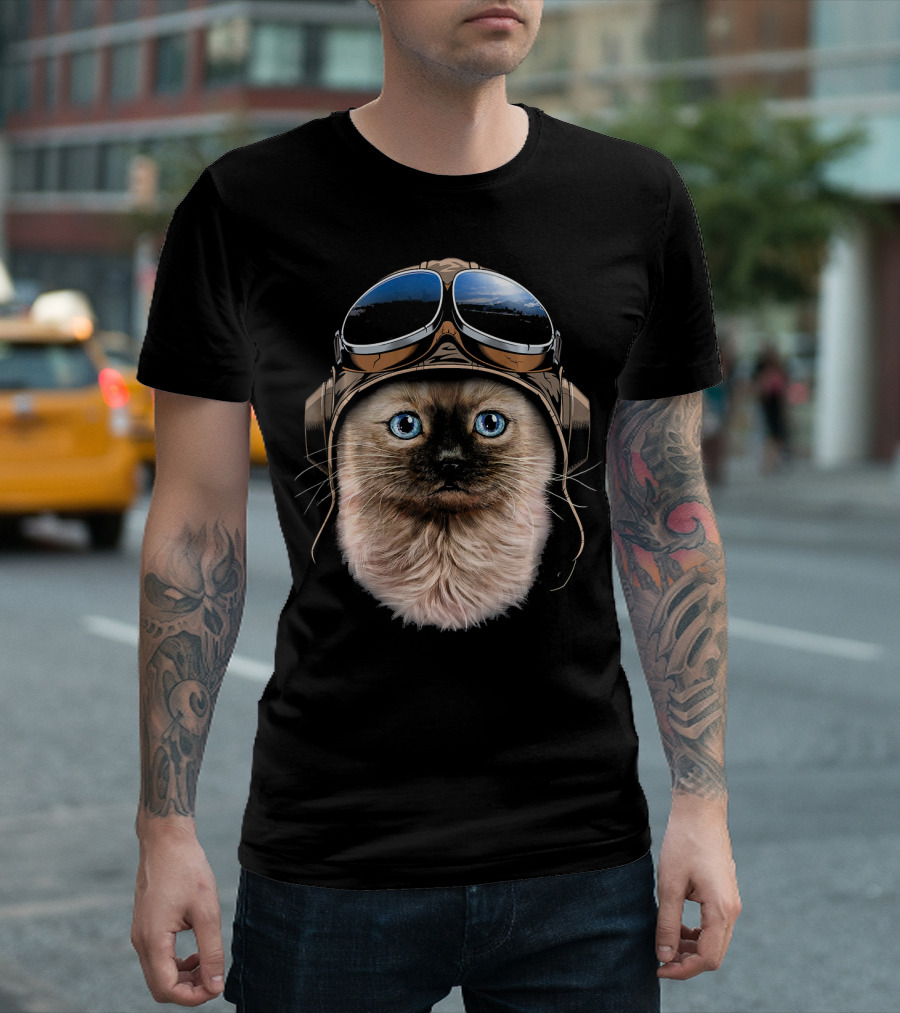 Aviator Siamese Cat In Leather Pilot Hat T-Shirt