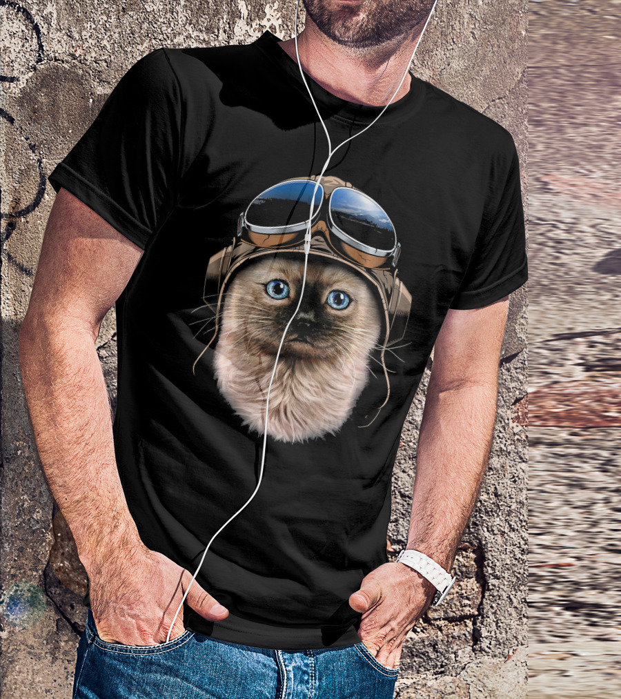 Aviator Siamese Cat In Leather Pilot Hat T-Shirt