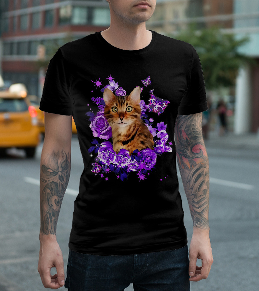 Funny Purple Bengal Cat With Purple Roses And Butterflies T-Shirt