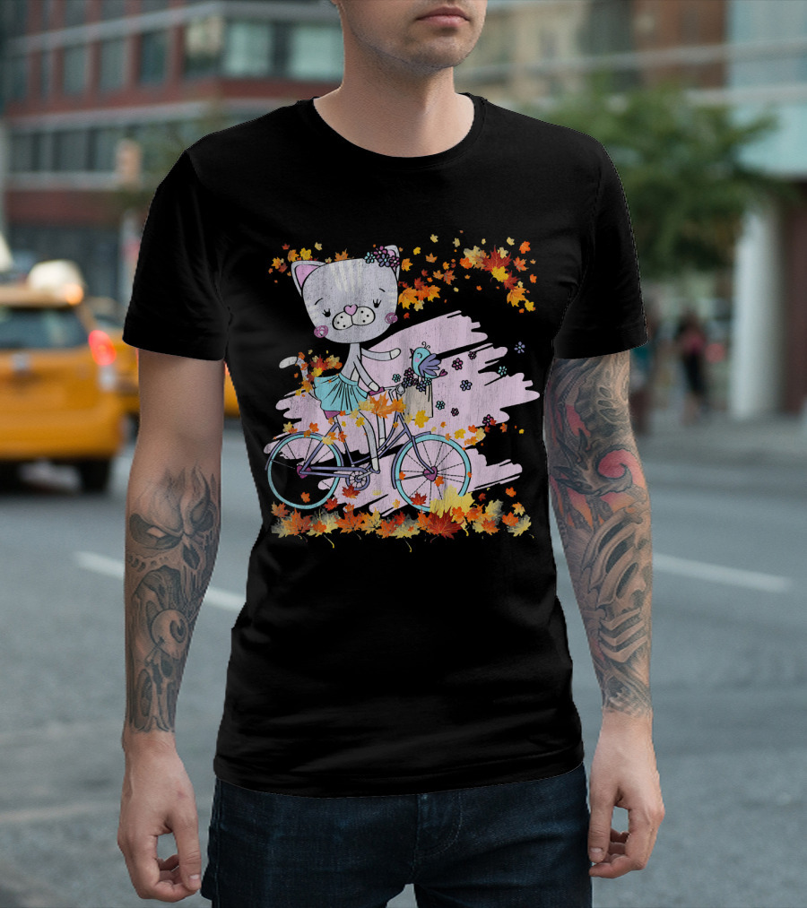 Lovely Kitten Riding a Bicycle with Autumn Leaves and Bird in Funny Fall Scene T-Shirt