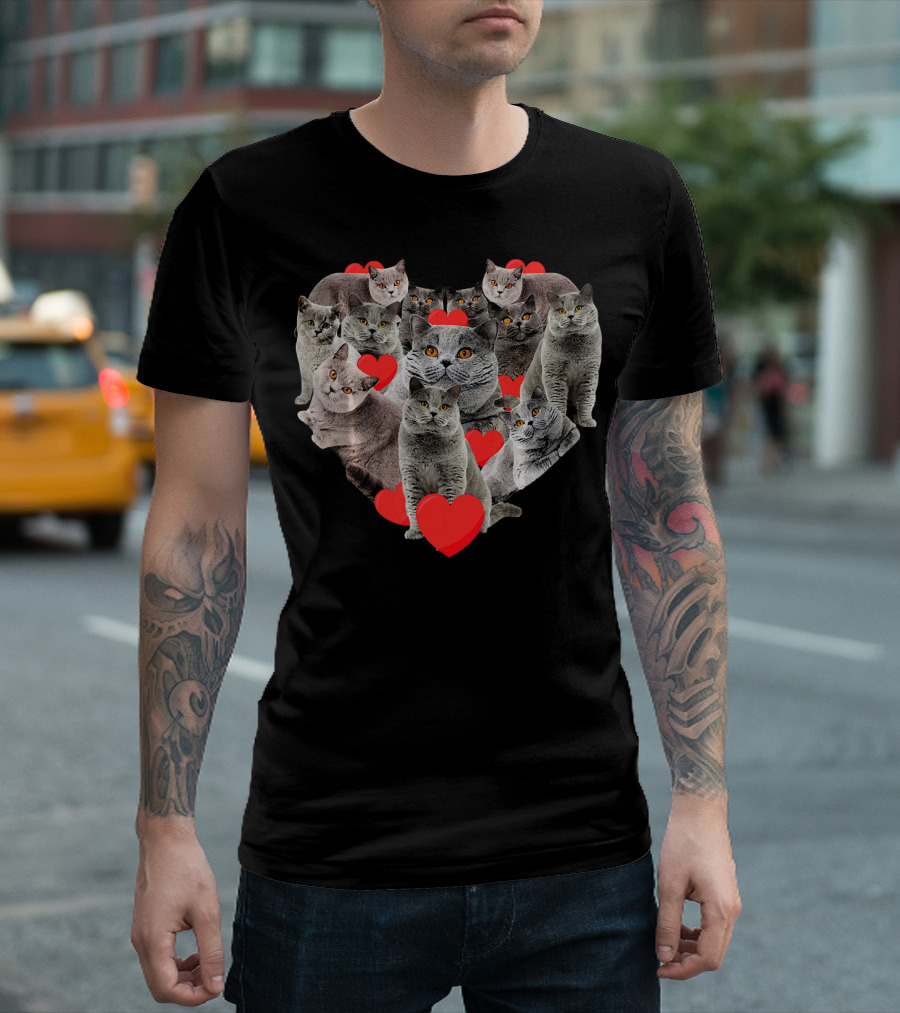 British Shorthair Cats with Hearts Valentine's Day T-Shirt