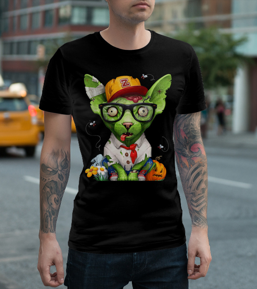 Zombie Sphynx Cat Halloween Z Hat Bugs Brain Bandage T-Shirt