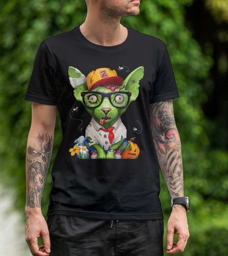 Zombie Sphynx Cat Halloween Z Hat Bugs Brain Bandage T-Shirt