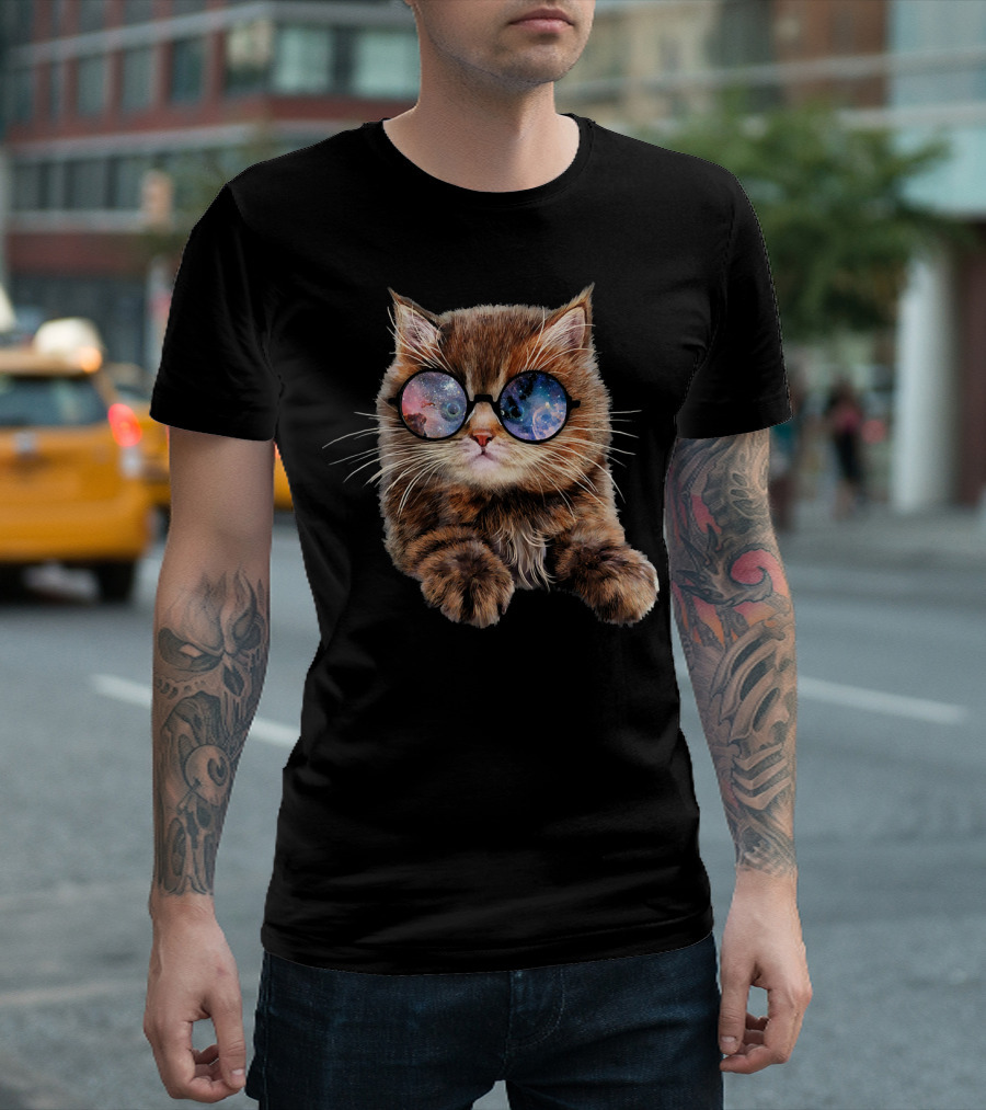 Brown Tabby Kitten with Cosmic Galaxy Sunglasses T-Shirt