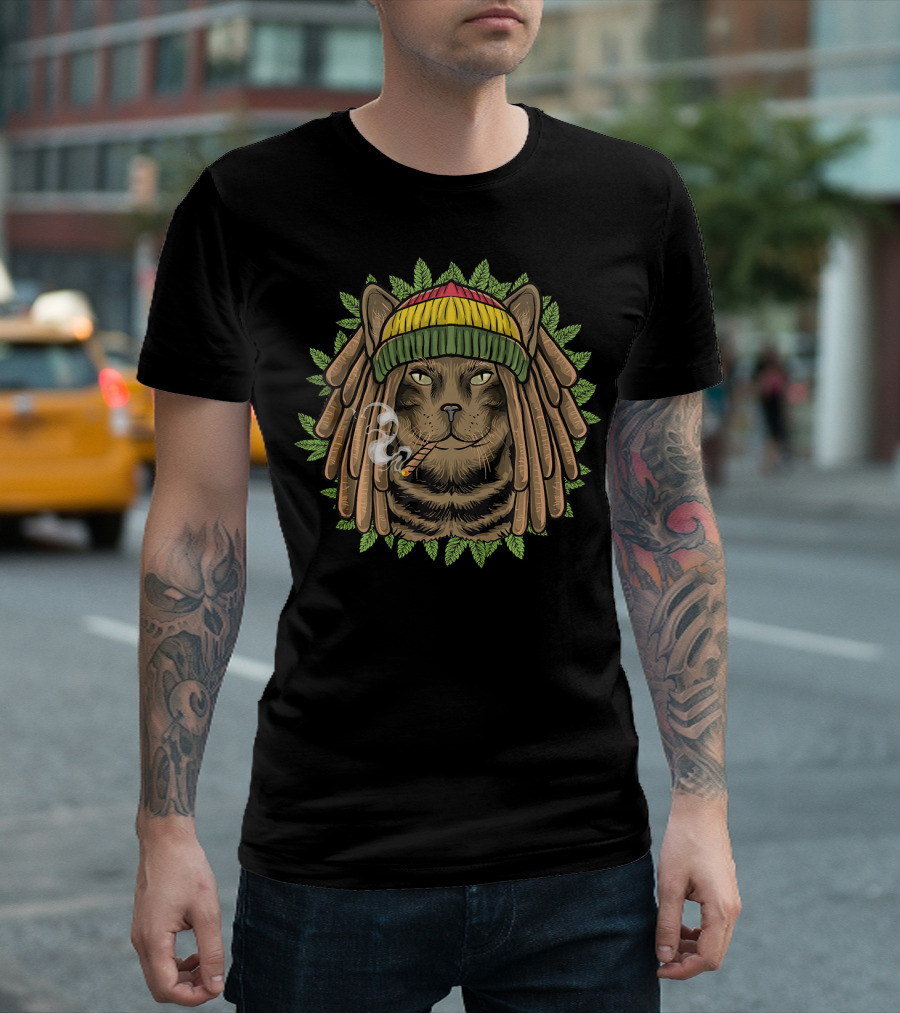Rastafarian Cat Marijuana Rasta Kitten Smoking Dreadlocks Hat T-Shirt