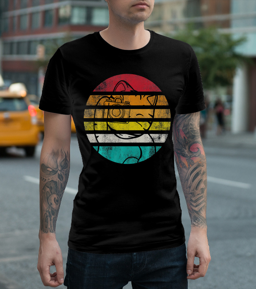 Vintage Sunset Stripes Cat Photographer Camera Retro T-Shirt