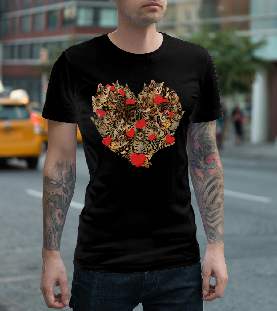Valentines Day Bengal Cat Heart Cluster with Red Hearts T-Shirt