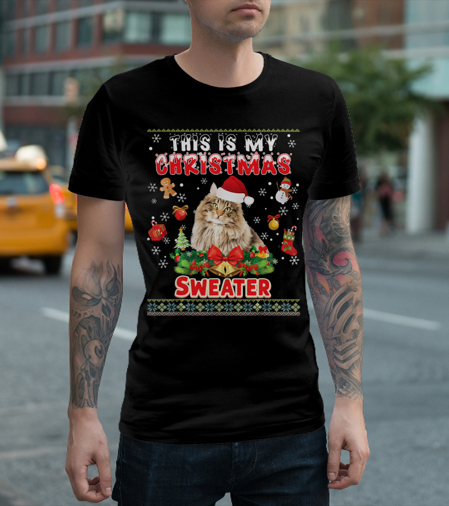 This Is My Christmas Sweater Cat with Santa Hat and Festive Icons T-Shirt