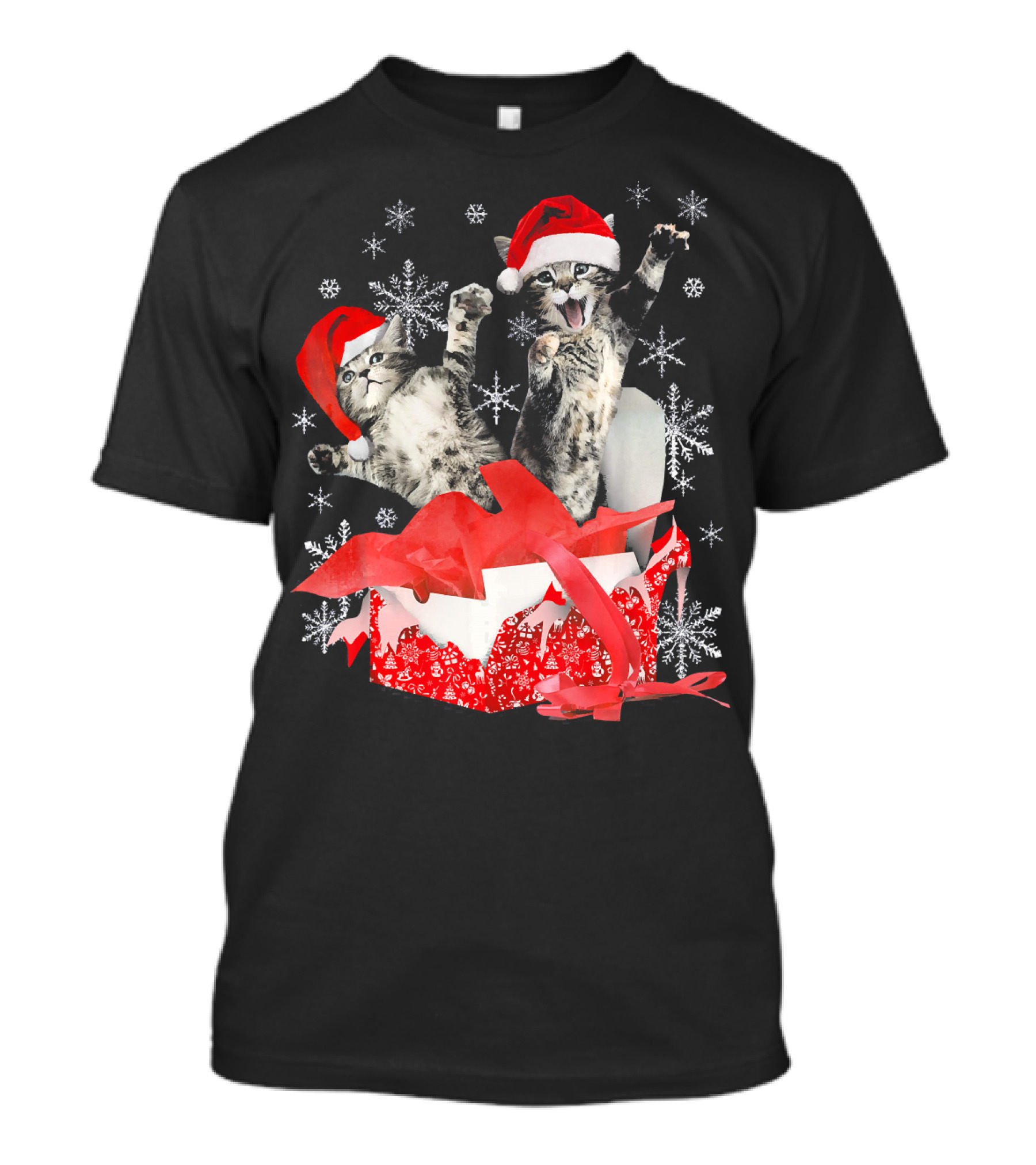Christmas Kitten Santa Hat Present With Snowflakes T-Shirt