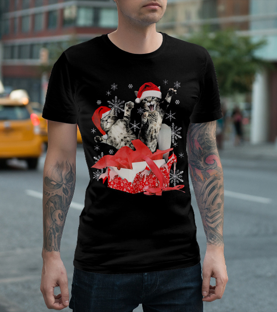 Christmas Kitten Santa Hat Present With Snowflakes T-Shirt