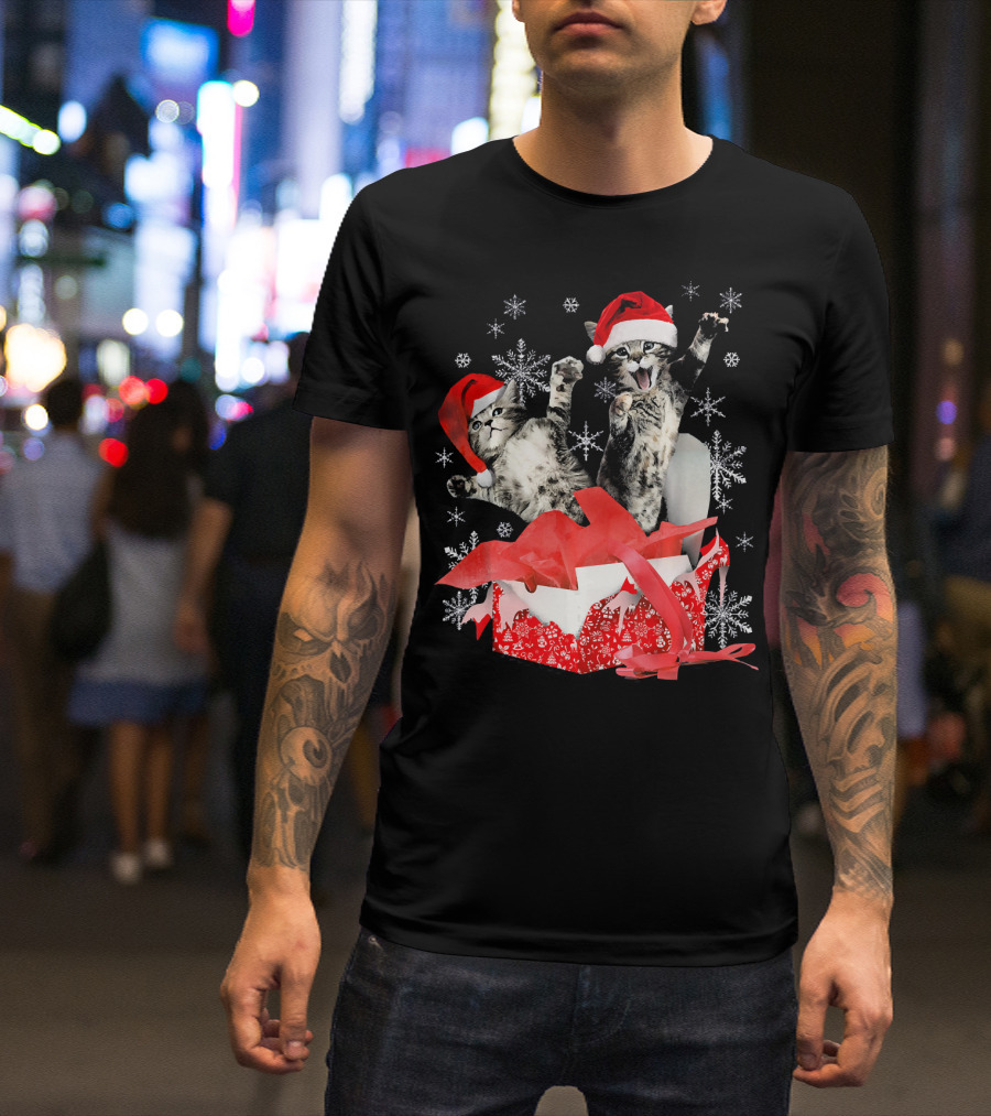 Christmas Kitten Santa Hat Present With Snowflakes T-Shirt