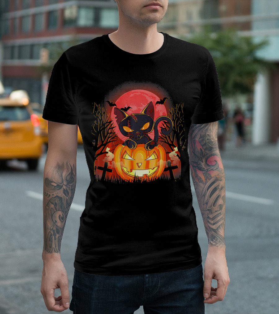 Halloween Cat Zombie Jack O Lantern Kitt Moon Bats Tombstones T-Shirt