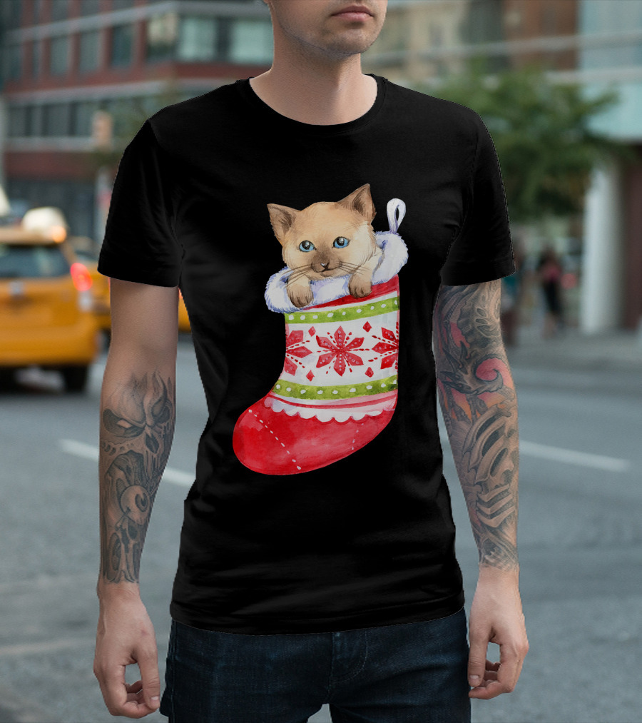 Cute Kitten in Christmas Stocking with Festive Snowflake T-Shirt