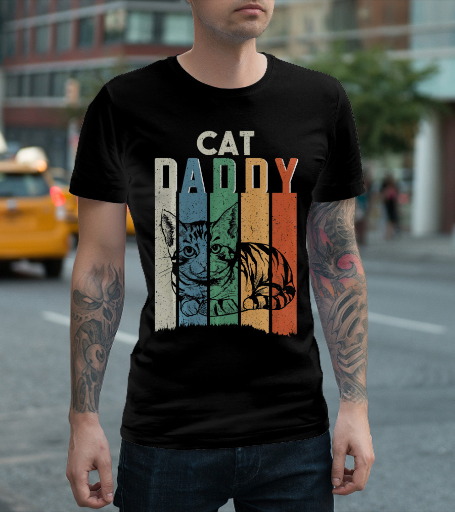 Retro Cat Daddy Cool Kitten Lover Vintage Stripes T-Shirt