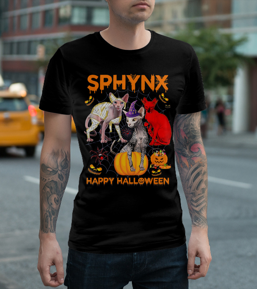 Sphynx Cats Halloween Pumpkin Mummy Witch Hat Red Cat T-Shirt