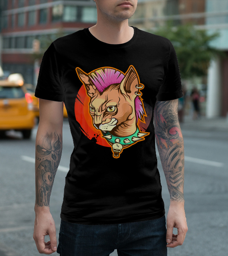 Punk Rock Mohawk Sphynx Cat Skull Collar T-Shirt
