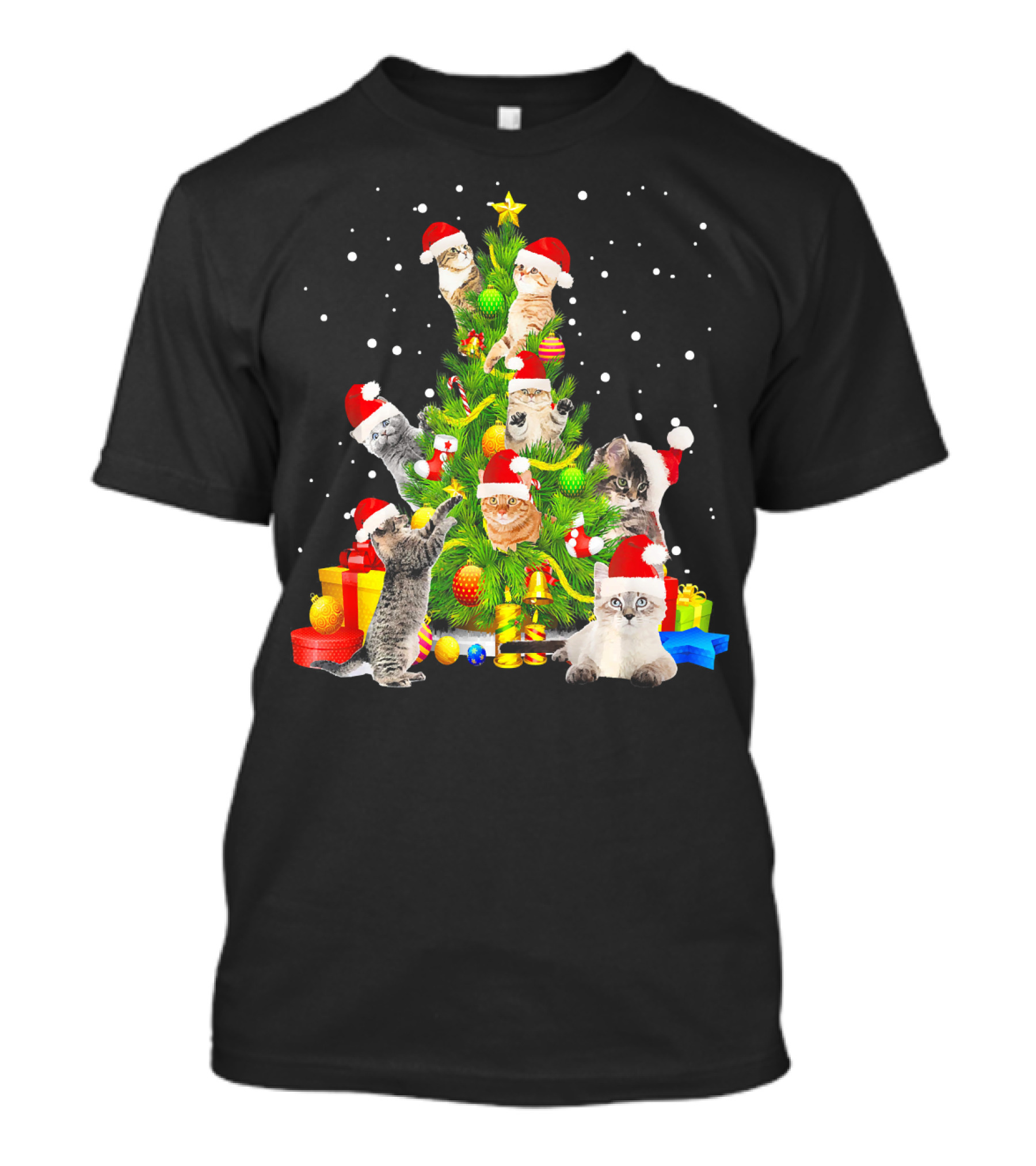 Cat Christmas Tree Funny Meowy Kitten Santa Hats Snow Presents T-Shirt