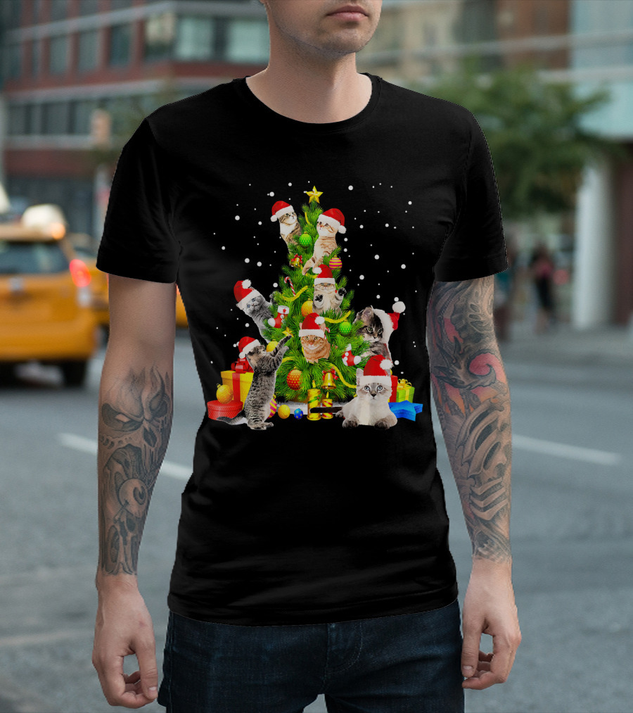 Cat Christmas Tree Funny Meowy Kitten Santa Hats Snow Presents T-Shirt