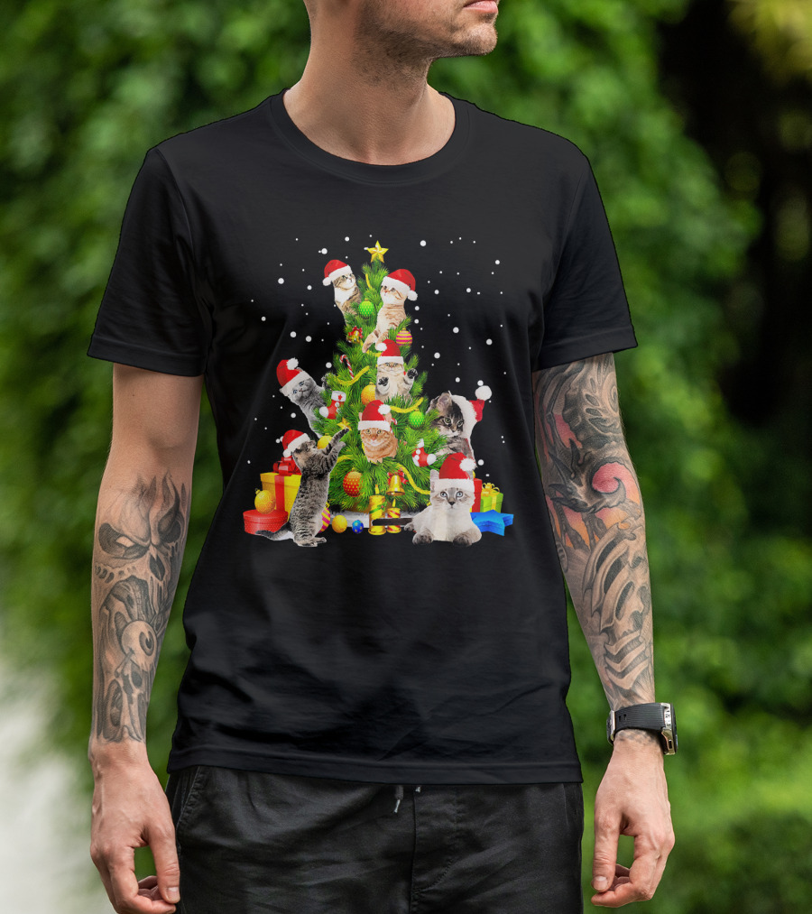 Cat Christmas Tree Funny Meowy Kitten Santa Hats Snow Presents T-Shirt