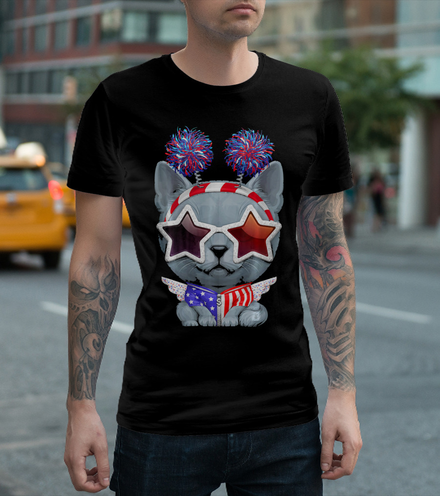 Russian Blue Cat Patriotic USA T-Shirt
