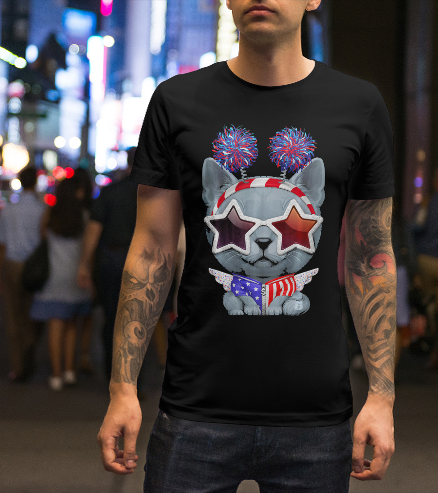 Russian Blue Cat Patriotic USA T-Shirt