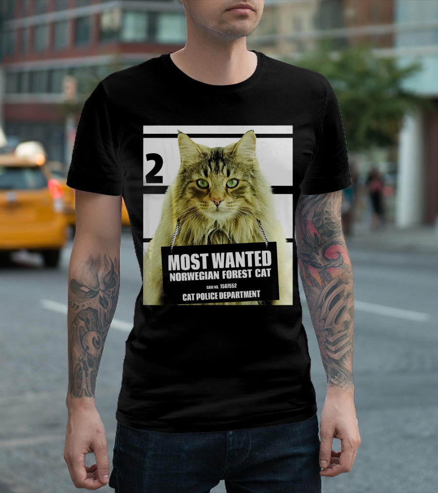 2 Most Wanted Norwegian Forest Cat Case No. 1581552 Cat Police Department T-Shirt