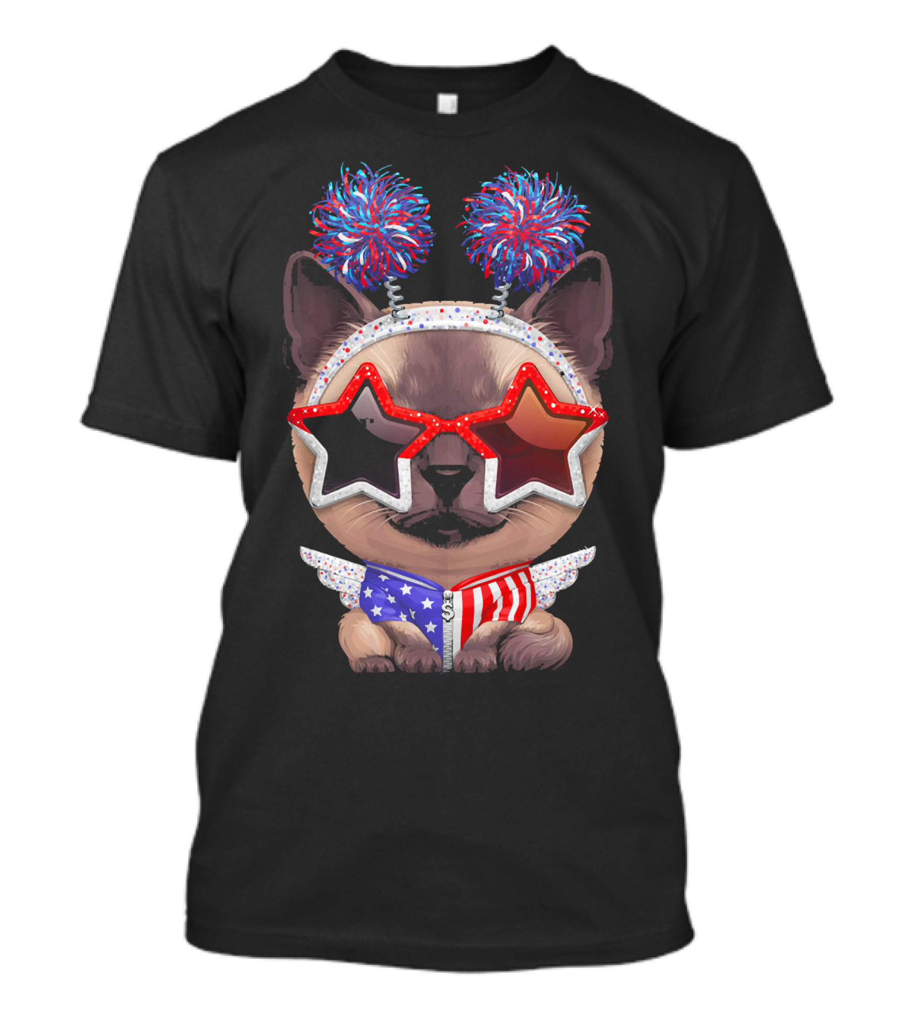 Patriotic Siamese Cat With Star Glasses And American Flag Scarf T-Shirt