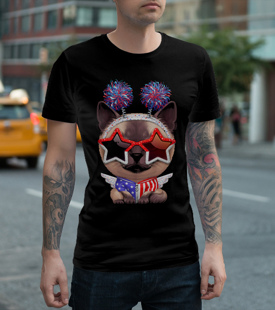 Patriotic Siamese Cat With Star Glasses And American Flag Scarf T-Shirt