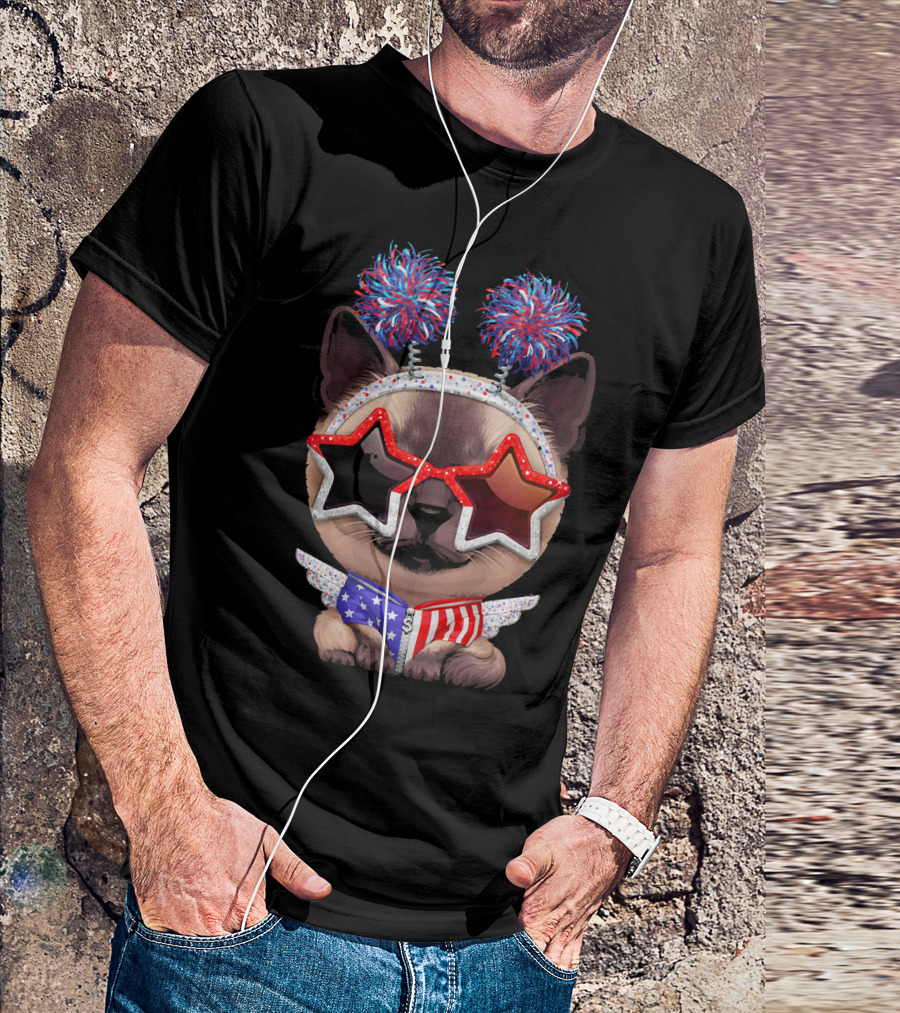 Patriotic Siamese Cat With Star Glasses And American Flag Scarf T-Shirt