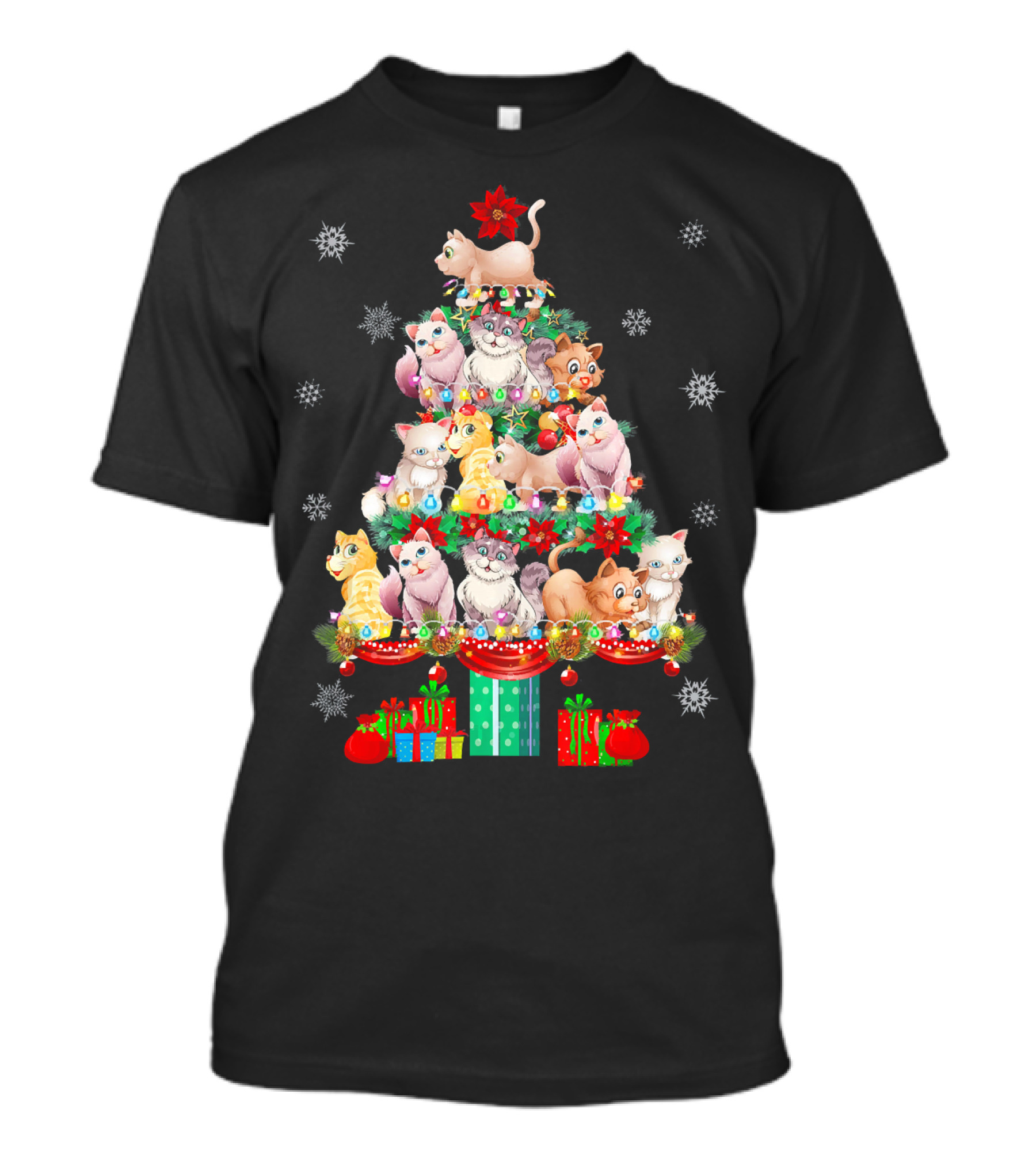 Cool Cat Christmas Light Kitten Xmas Tree With Snowflakes And Presents T-Shirt