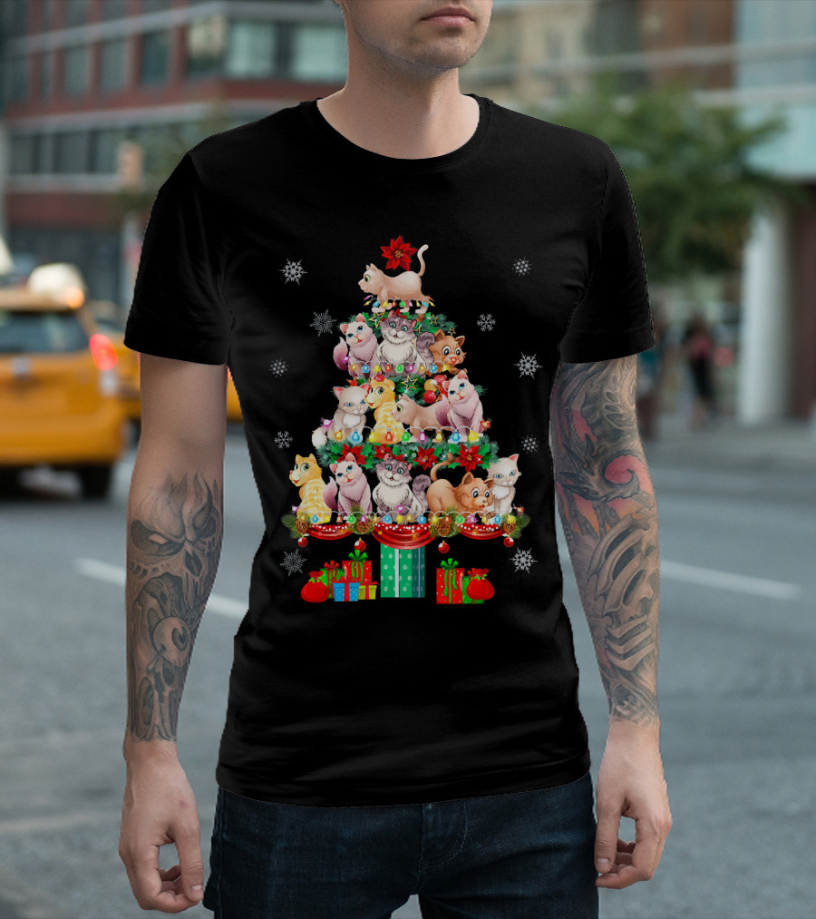 Cool Cat Christmas Light Kitten Xmas Tree With Snowflakes And Presents T-Shirt