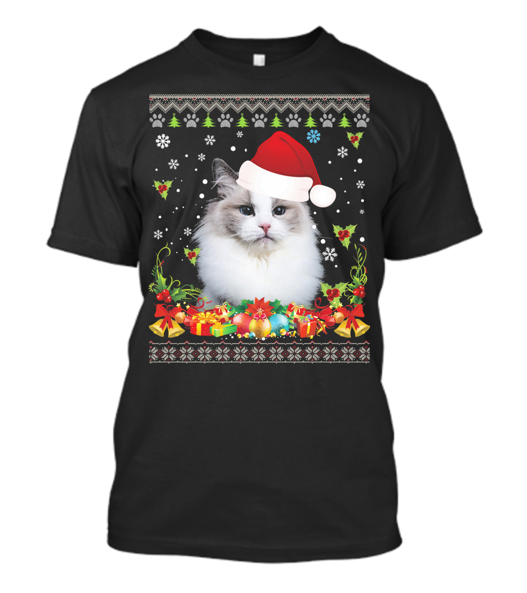 Festive Ragdoll Cat With Santa Hat And Christmas Decorations T-Shirt