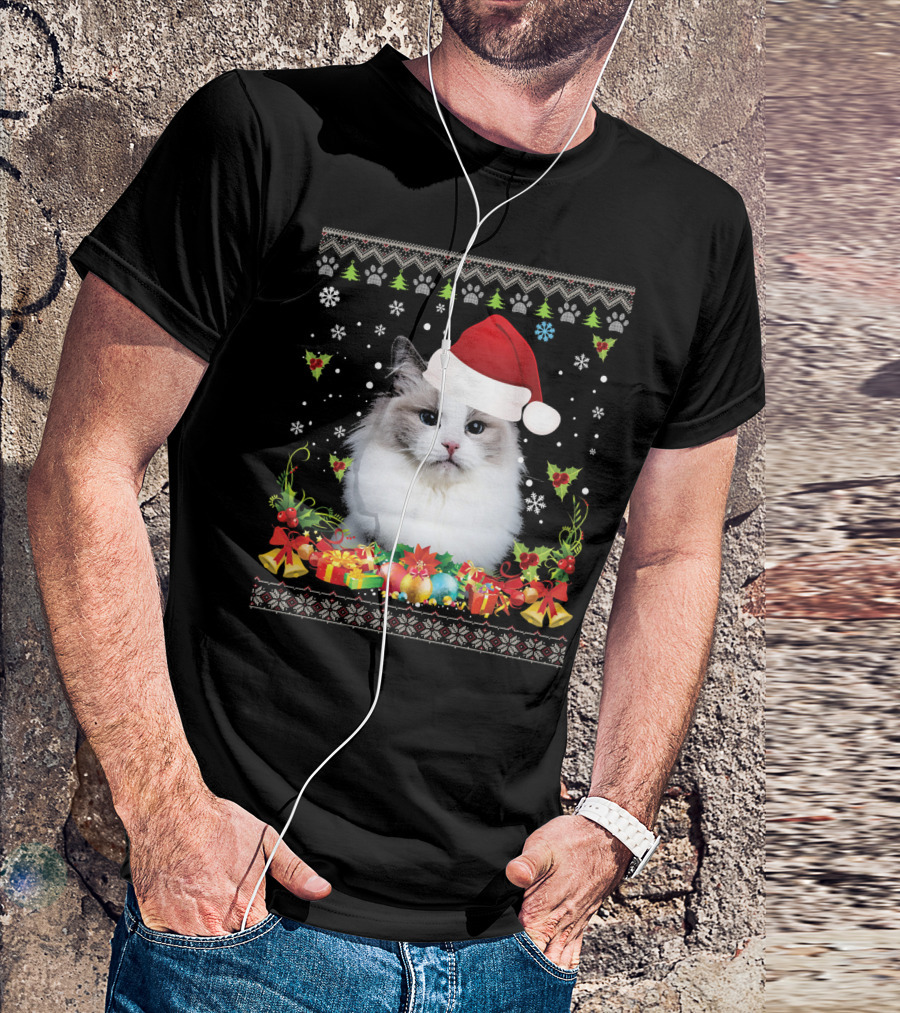 Festive Ragdoll Cat With Santa Hat And Christmas Decorations T-Shirt