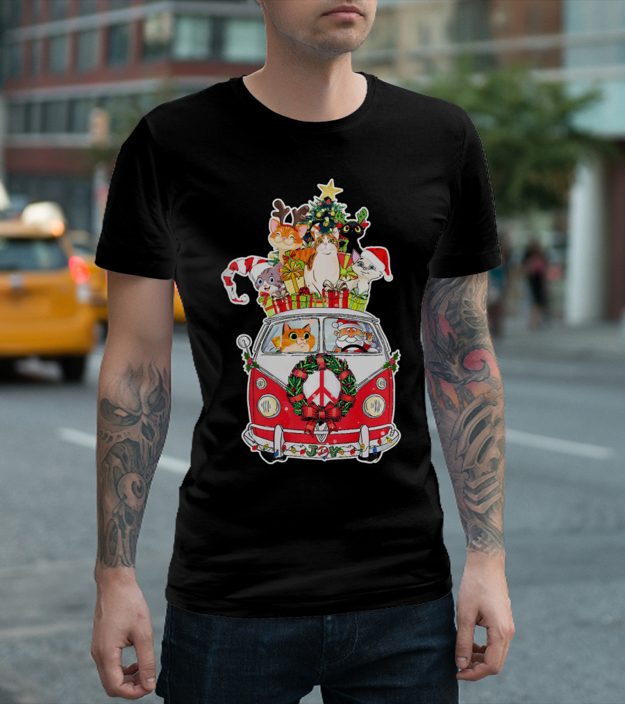 Funny Cute Cat Kitten Christmas Tree Van Santa T-Shirt