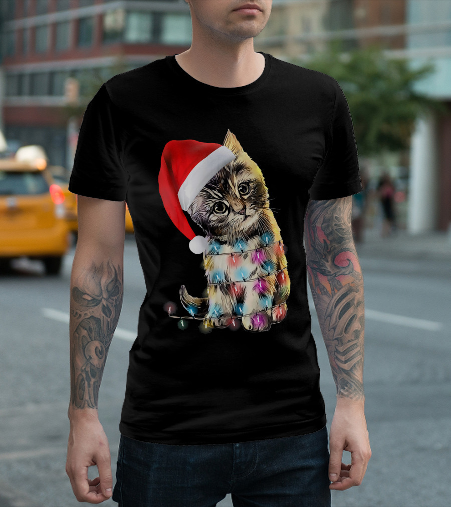 Xmas Cats Santa Hat Christmas Lights T-Shirt