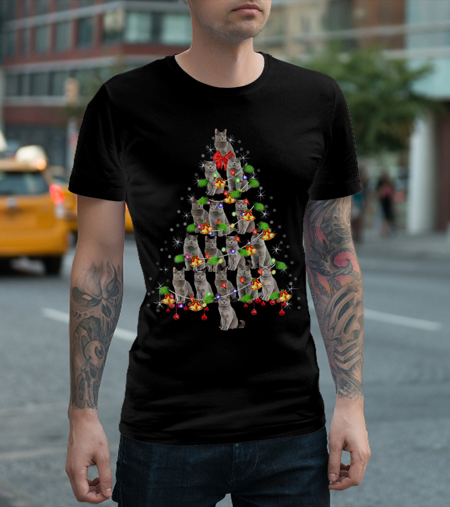 Russian Blue Cat Christmas Tree with Lights and Ornaments T-Shirt