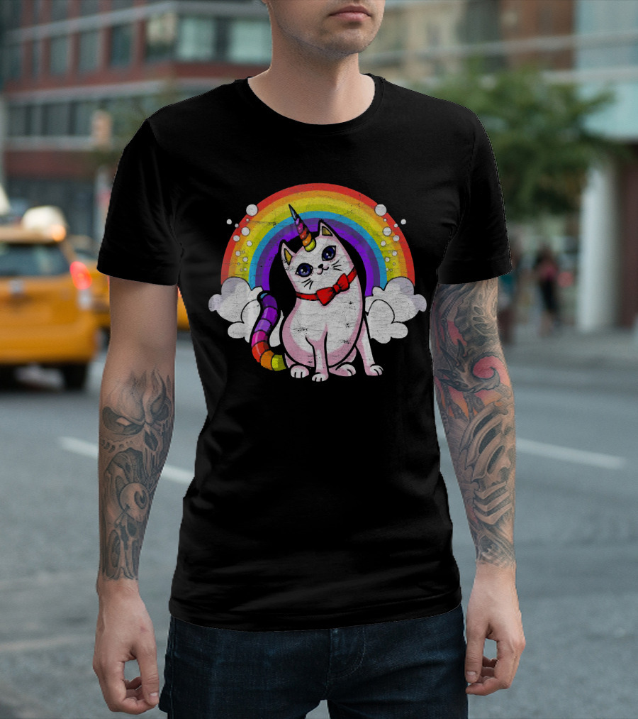 Cute Unicorn Cat Kittycorn with Rainbow and Clouds T-Shirt