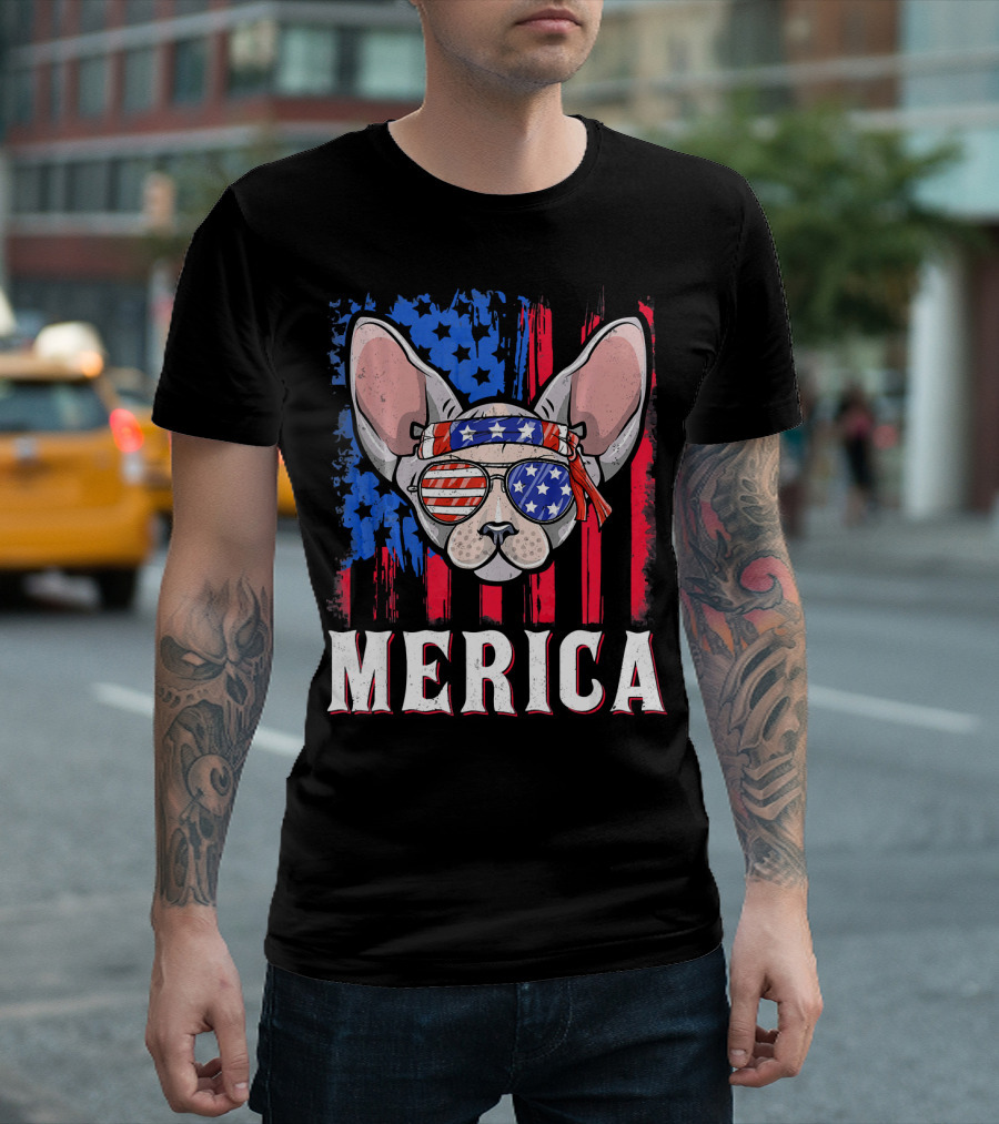 Merica Sphynx Cat with American Flag Sunglasses and Bandana T-Shirt