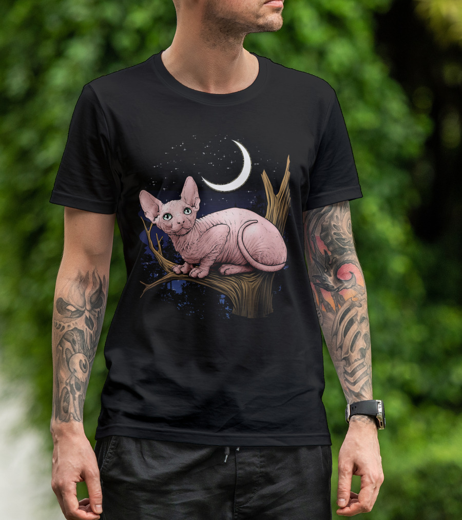 Sphynx Cat With Crescent Moon In Starry Night T-Shirt